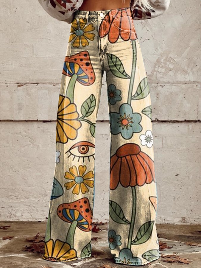 Yahanne | Weite Bein Hose mit Vintage-Kunstdesign