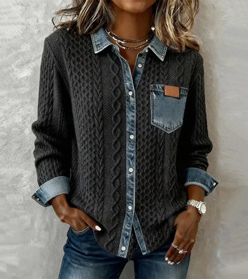 AMBRA - Patchwork-Strickoberteil mit Denim-Details