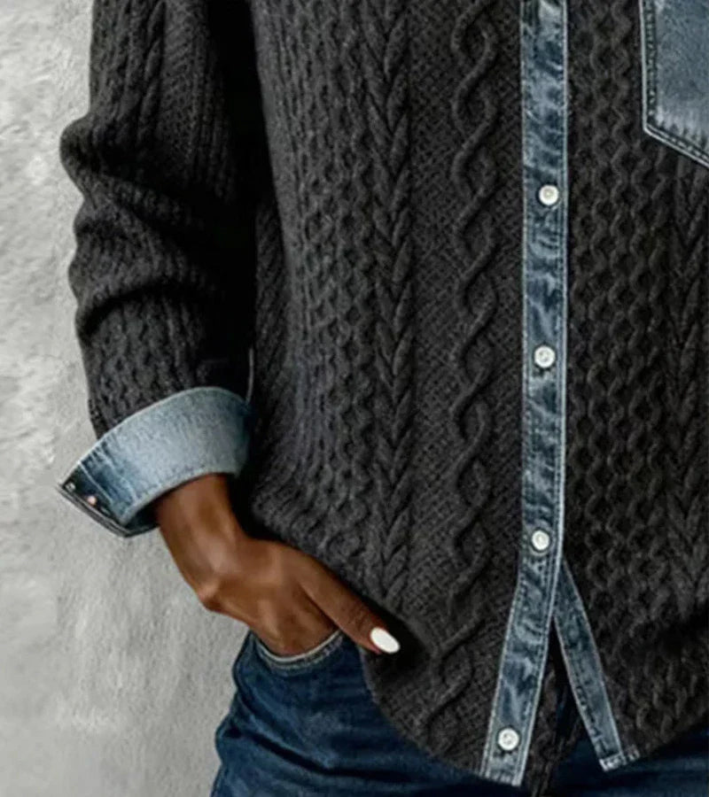 AMBRA - Patchwork-Strickoberteil mit Denim-Details