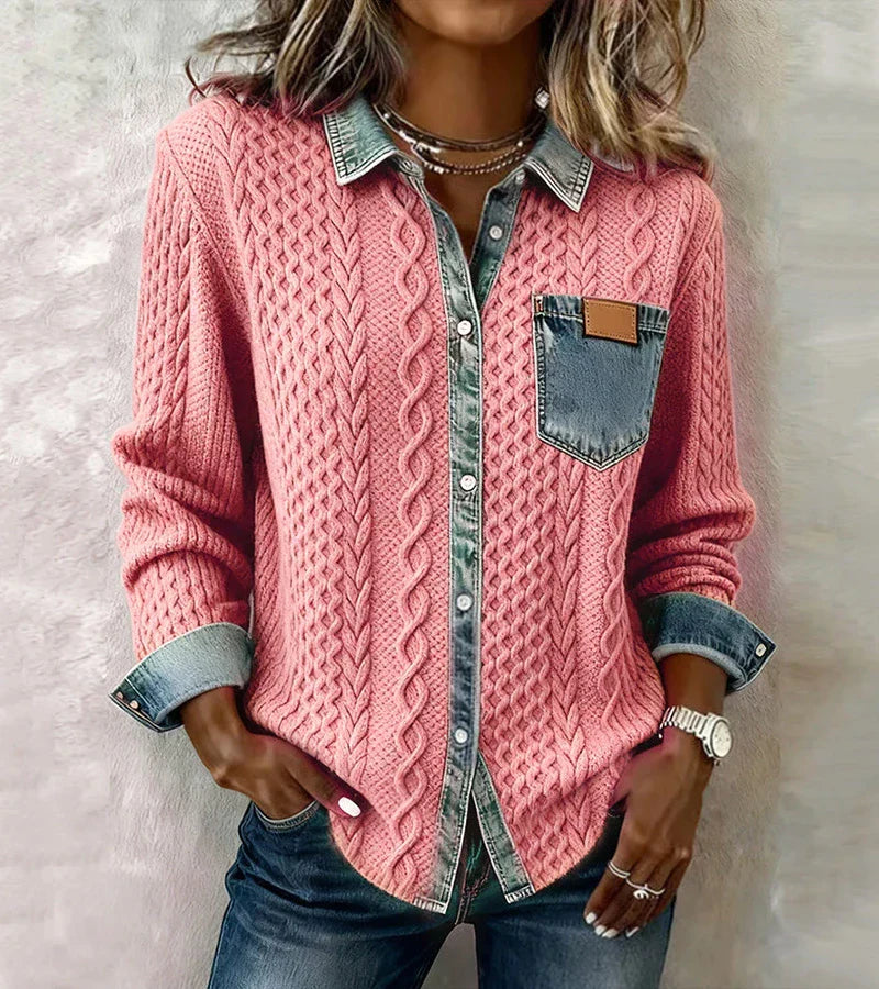 AMBRA - Patchwork-Strickoberteil mit Denim-Details