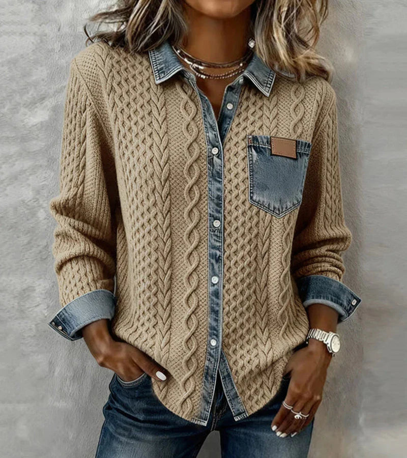 AMBRA - Patchwork-Strickoberteil mit Denim-Details