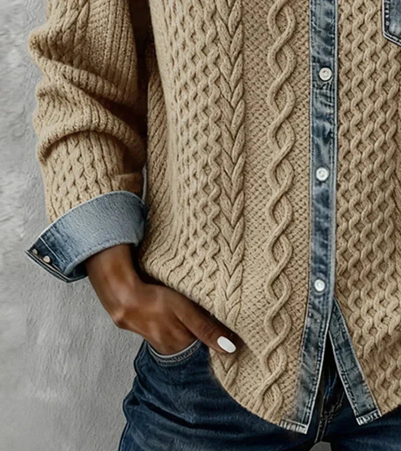 AMBRA - Patchwork-Strickoberteil mit Denim-Details