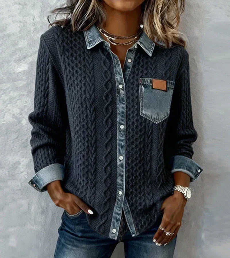 AMBRA - Patchwork-Strickoberteil mit Denim-Details